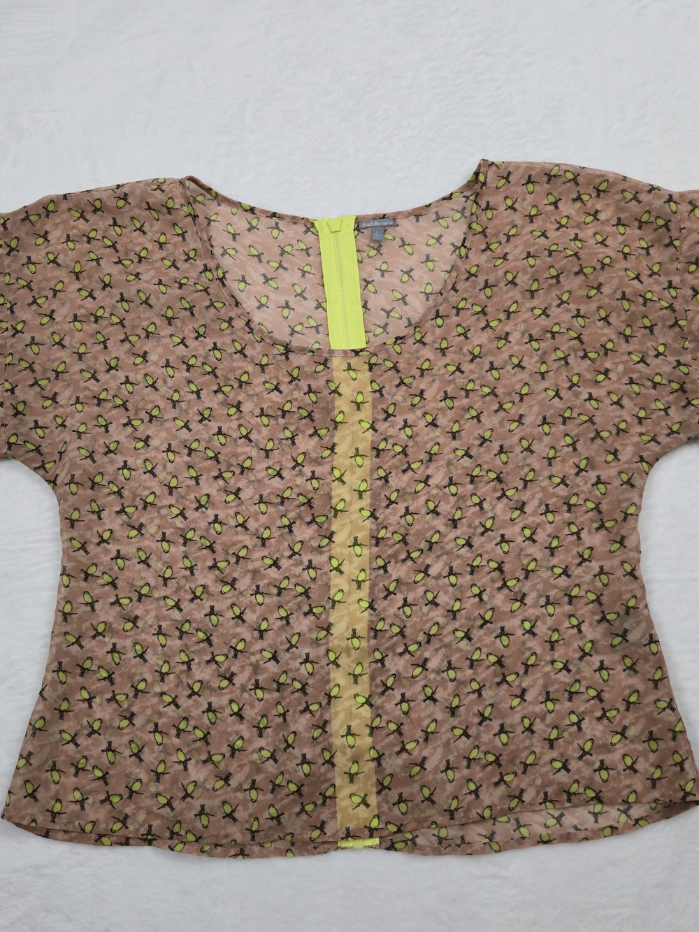 Charlotte Russe Brown Printed Short-Sleeve Blouse with Neon Lime Trim